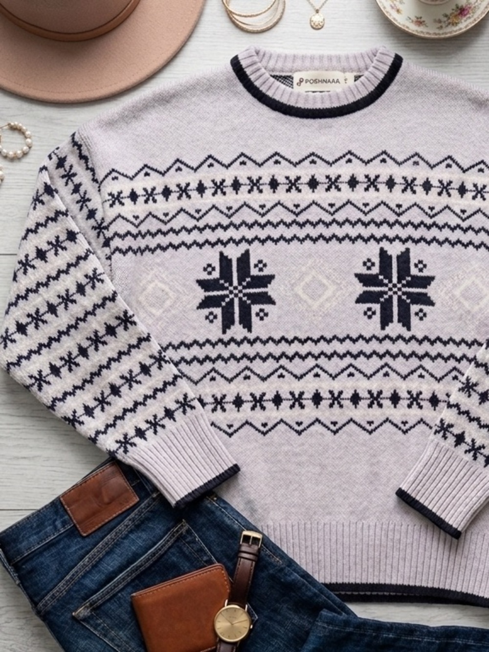 BearPaw Women’s Fair Isle Mockneck Sweater - Lavender & Navy - Size M
